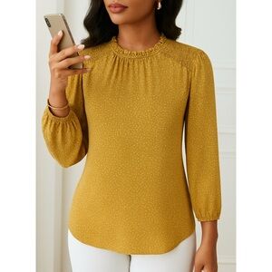 Adrianna Papell Golden Yellow Polka Dot Boho Blouse Ruffle Collar Women's SZ M